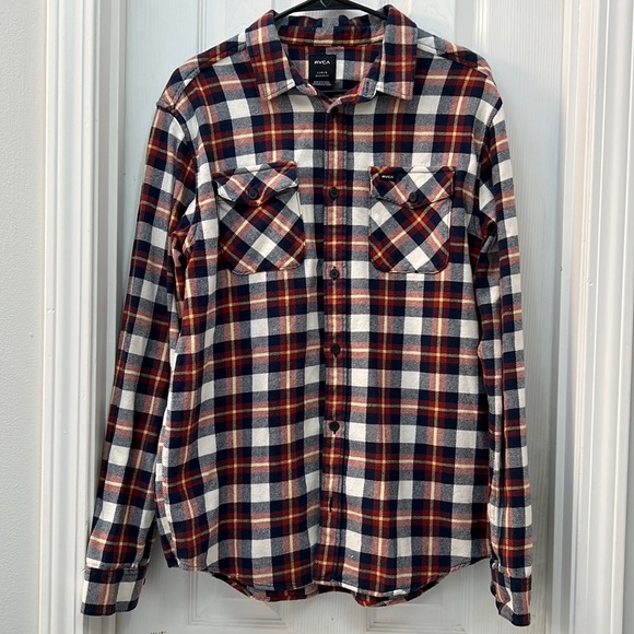 EUC RVCA Men's That’ll Work Flannel Button Down Shirt Navy/Red/Yellow Large - Picture 1 of 9